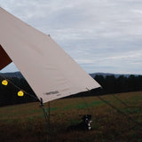 a dog resting under the sunshade tarp 